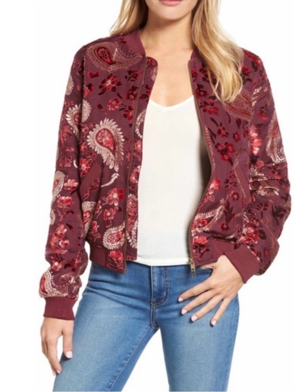 KAS DESIGNS Maroon Paisley Velvet Bomber Jacket - Women Size XS
